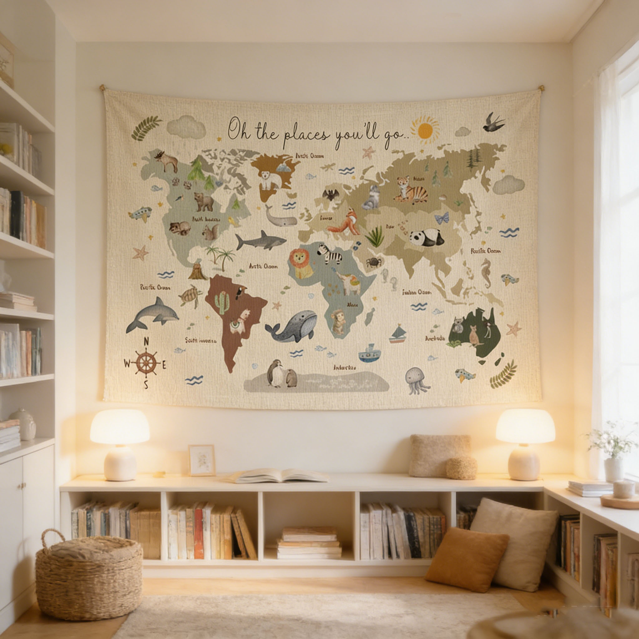 Kids Education Banner - Cute Animal World Map Tapestry, 2D