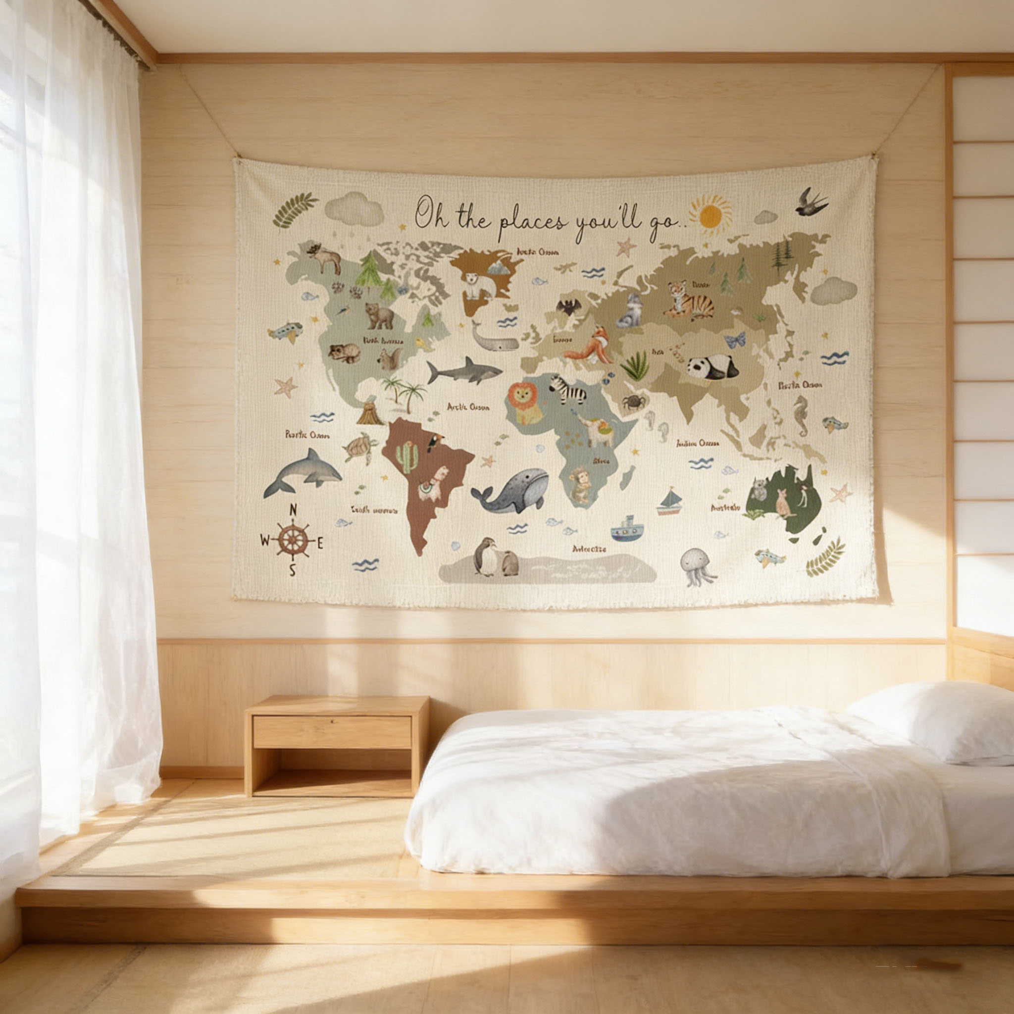 Cute Animal World Map Tapestry - Kids Education Banner recension och pris