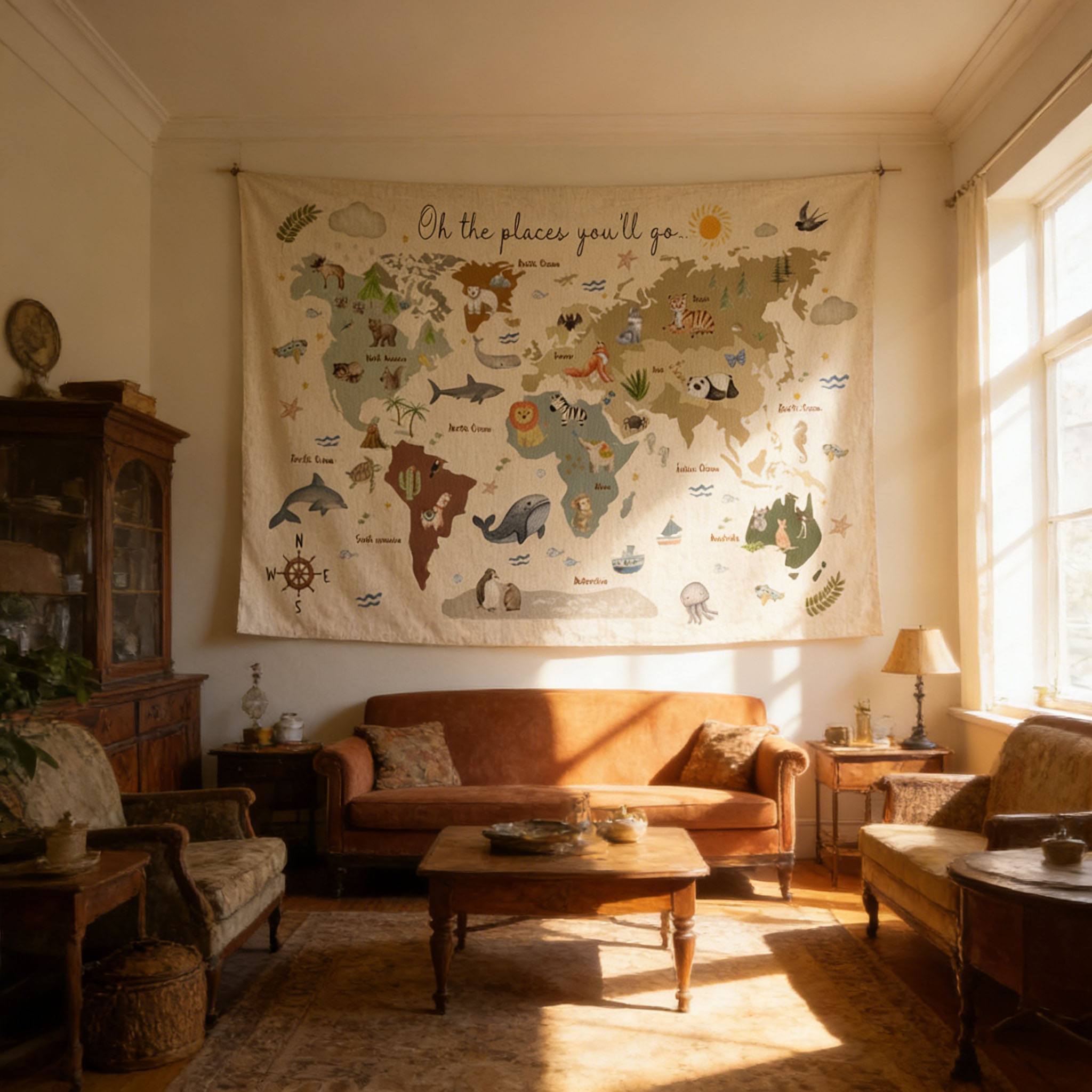 Cute Animal World Map Tapestry - Kids Education Banner recension och pris