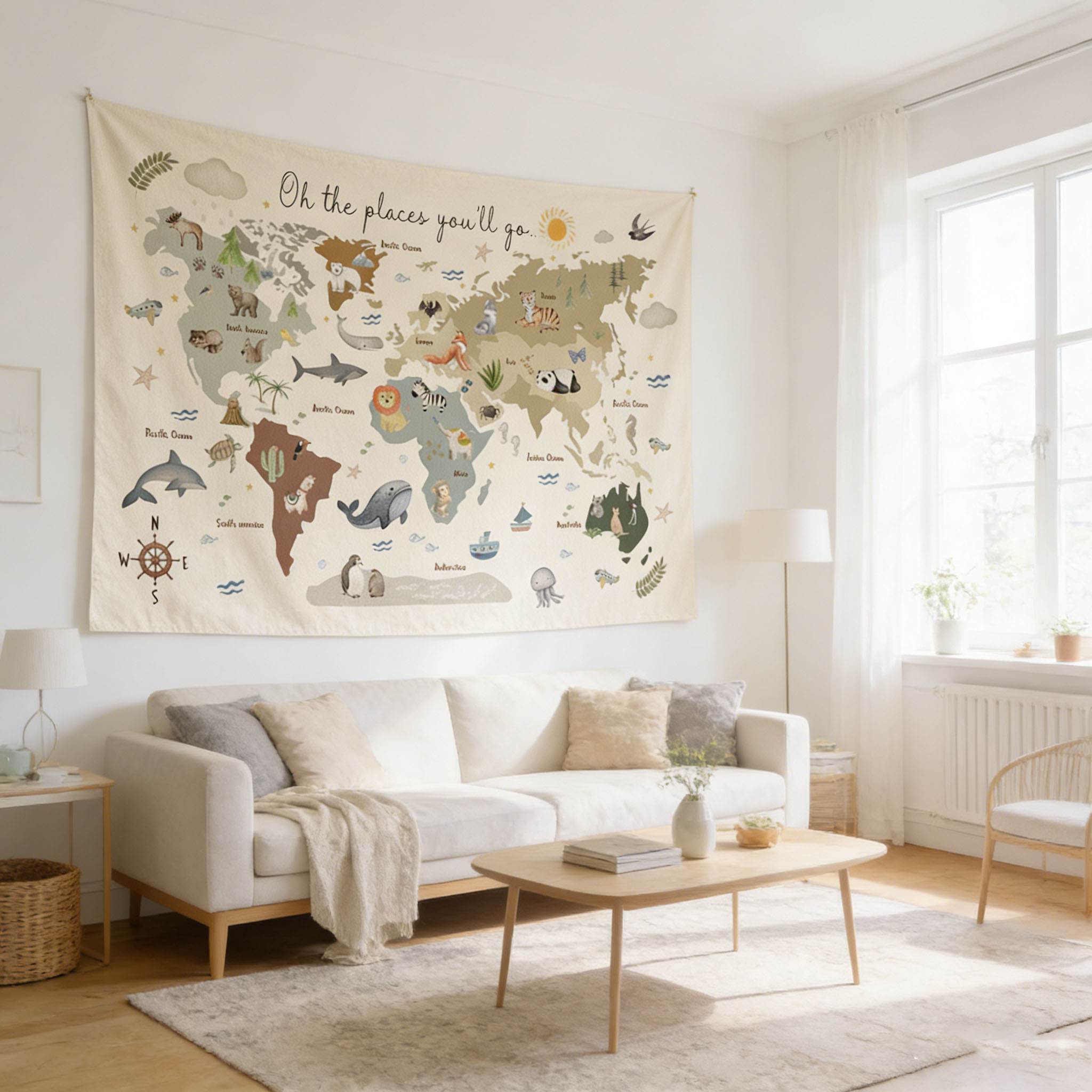 Cute Animal World Map Tapestry - Kids Education Banner recension och pris